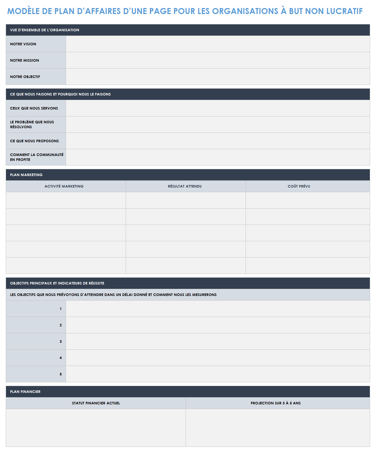 Plan d'affaires d'une page pour les organisations à but non lucratif