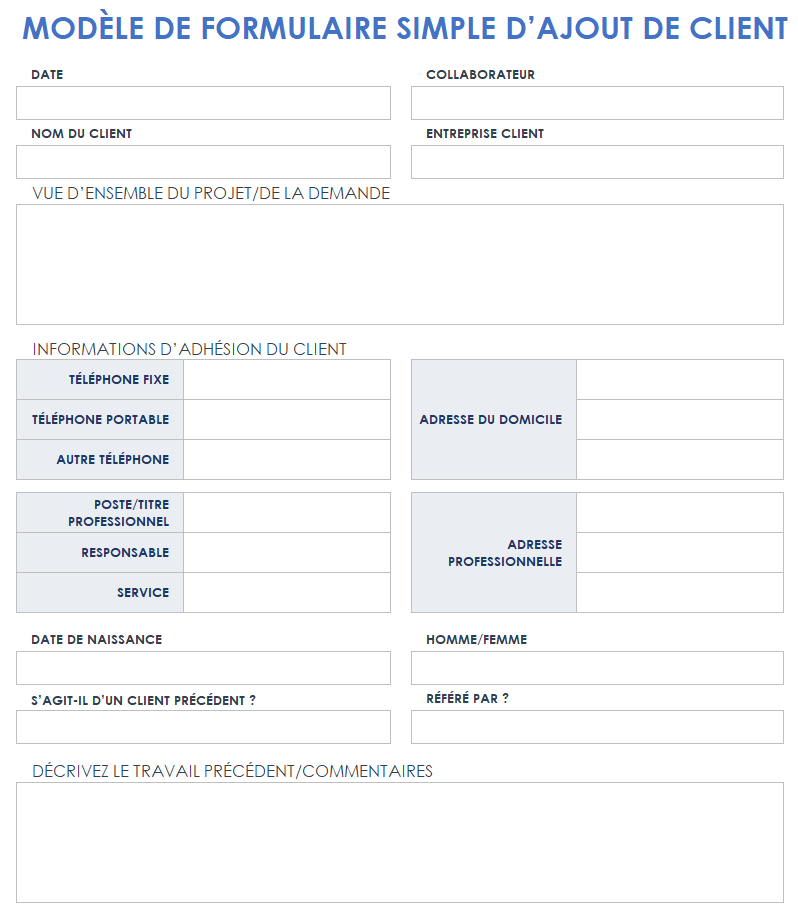 Formulaire d'admission client simple