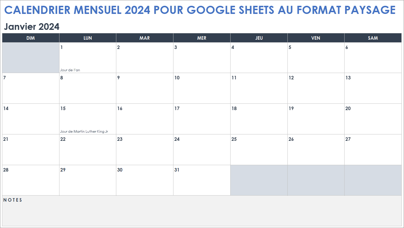  Modèle de paysage de calendrier mensuel Google Sheets 2024