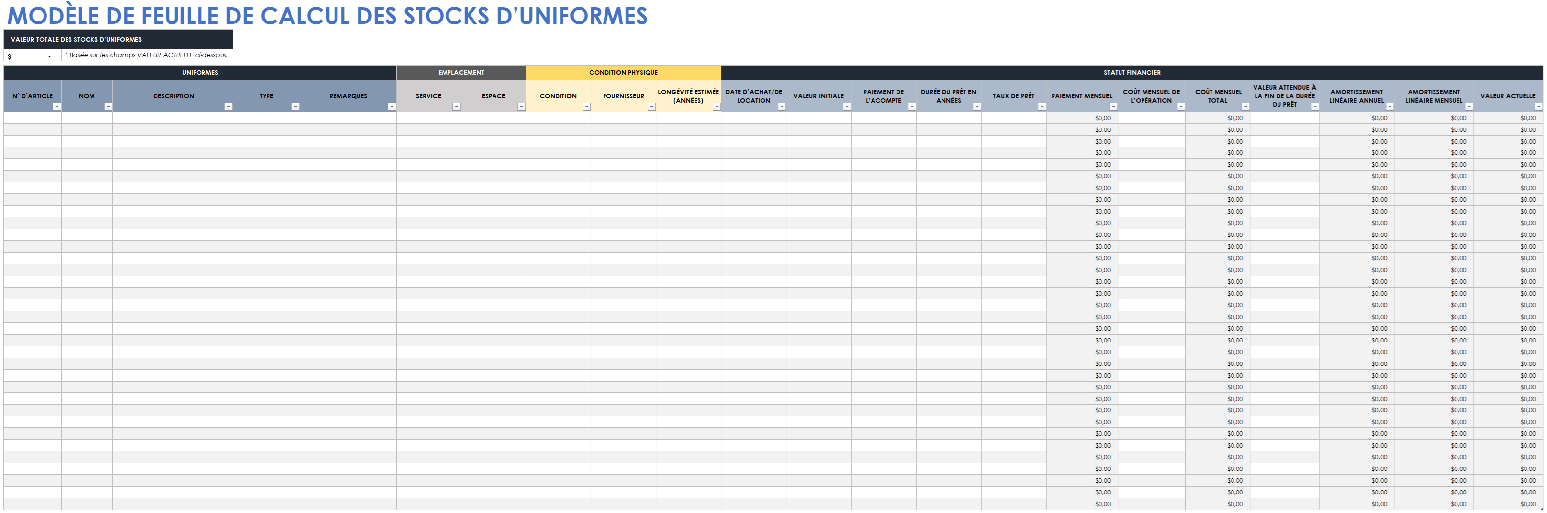  Modèle de feuille de calcul d'inventaire uniforme