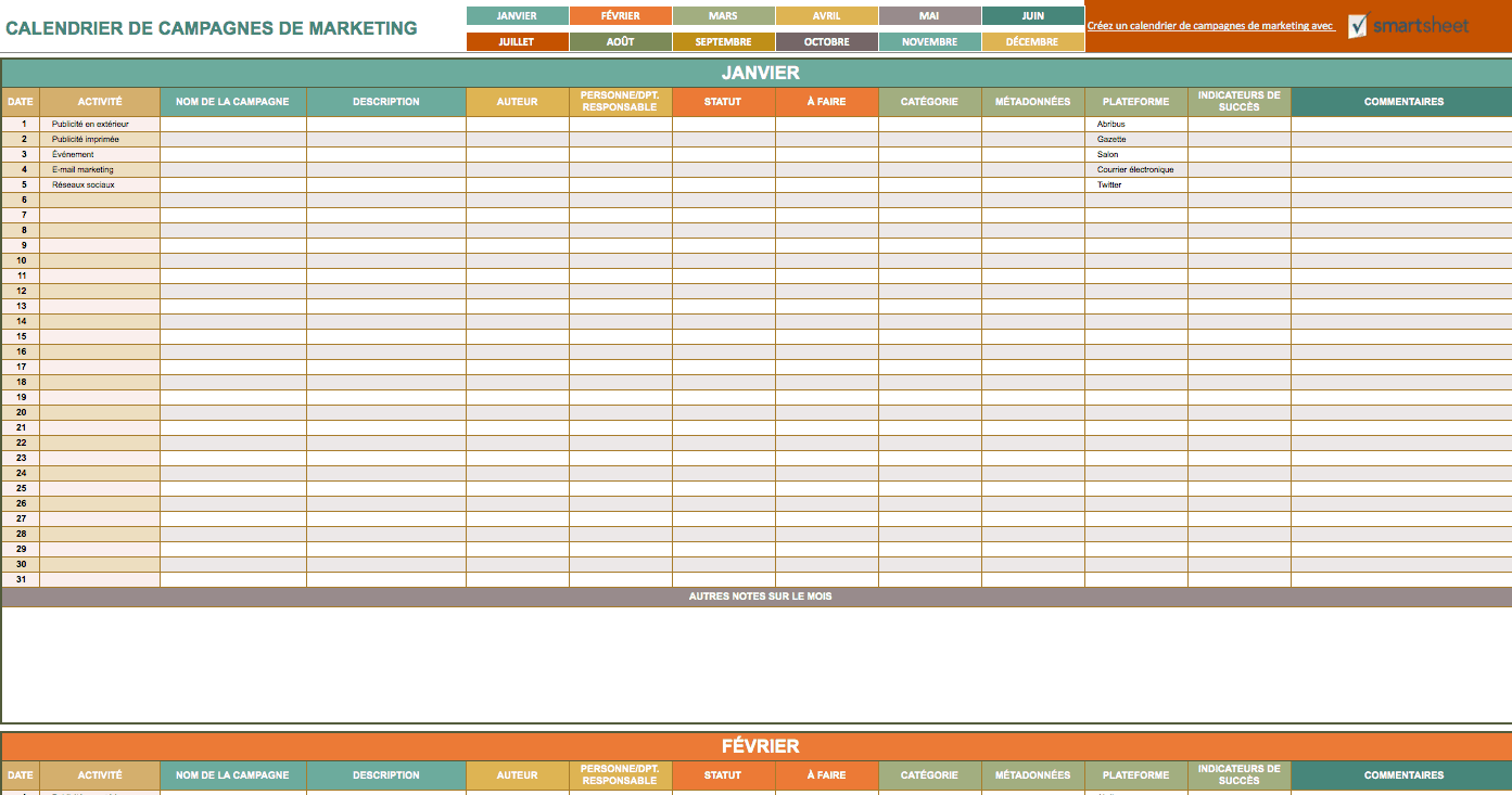 Calendrier de campagnes de marketing