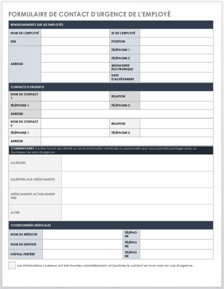 Formulaire de contact d'urgence pour les employés