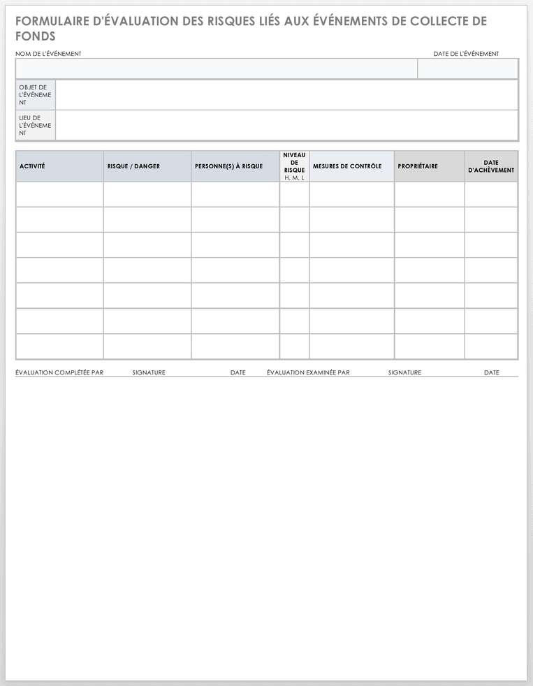 Formulaire d'évaluation des risques liés à l'événement de collecte de fonds