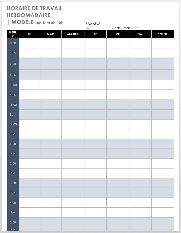 Modèle d'horaire hebdomadaire du lundi au dimanche de 20 h à 18 h