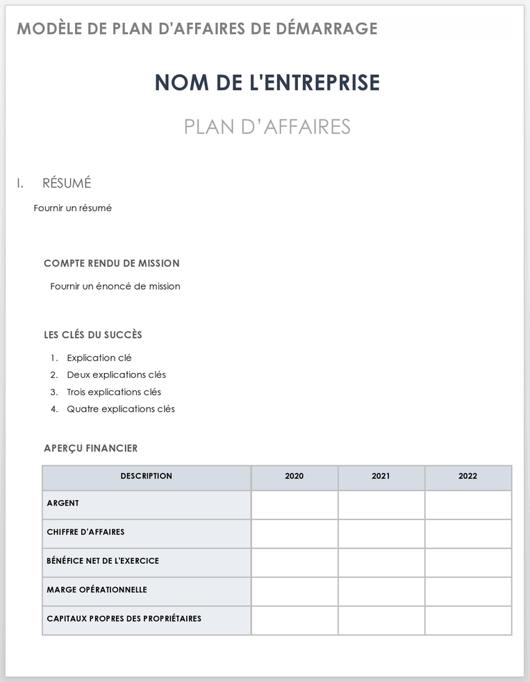 MODÈLE DE PLAN D'AFFAIRES DE DÉMARRAGE