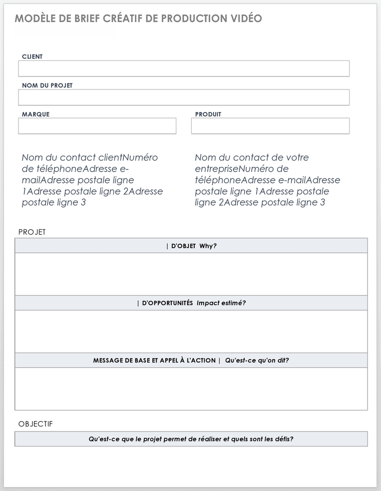 Modèle de brief créatif pour la production vidéo