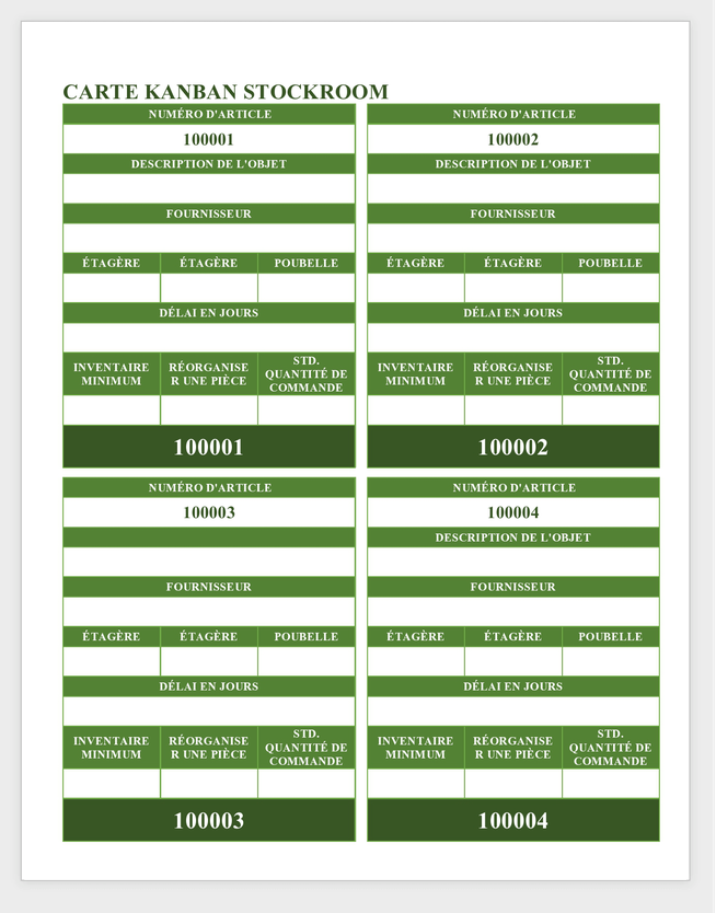 Modèle de carte Kanban de magasin